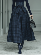 Navy Plaid High-Waisted Pleated A-Line Midi Skirt