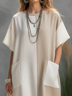 White & Khaki Color-Block Cotton Midi Dress