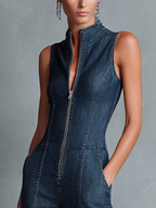 Denim High-Neck Flared Jumpsuit
