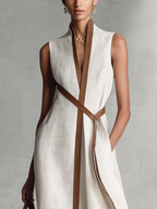 Women's Sleeveless V-Neck Tie-Waist Cotton Linen Maxi Dress MDZ1153B7BA