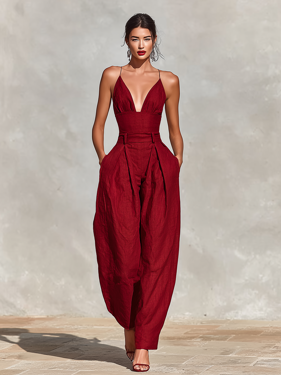 Red Linen Spaghetti Strap Pleated Jumpsuit