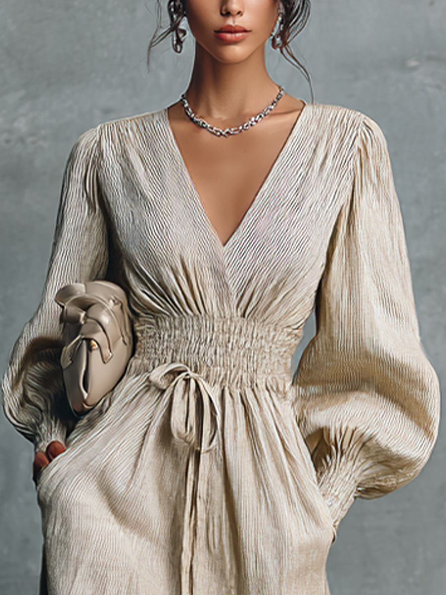 Women's Beige Cotton Linen Striped V-Neck Shirred Waist Maxi Dress MDZ0361C4BA