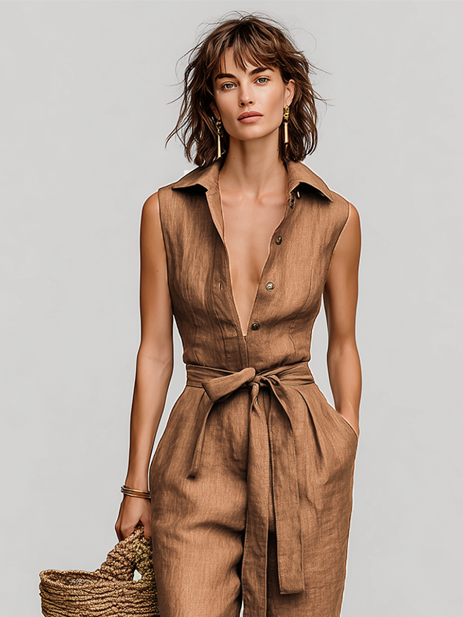 Tobacco Brown Linen Self-Tie Collared Jumpsuit