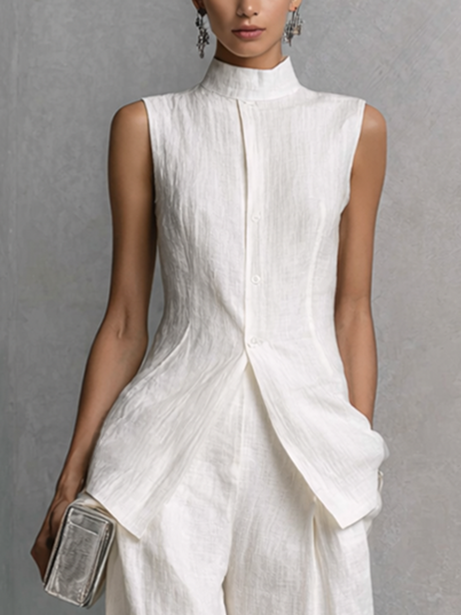 White Cotton Linen Sleeveless Top & Wide-Leg Set