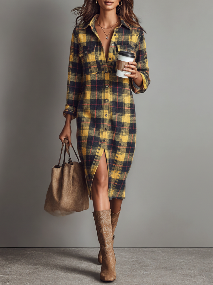 Flannel Plaid Shirt Midi Dress