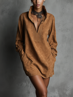 Suede Embossed V-Neck Long-Sleeve Dress
