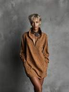 Suede Embossed V-Neck Long-Sleeve Dress