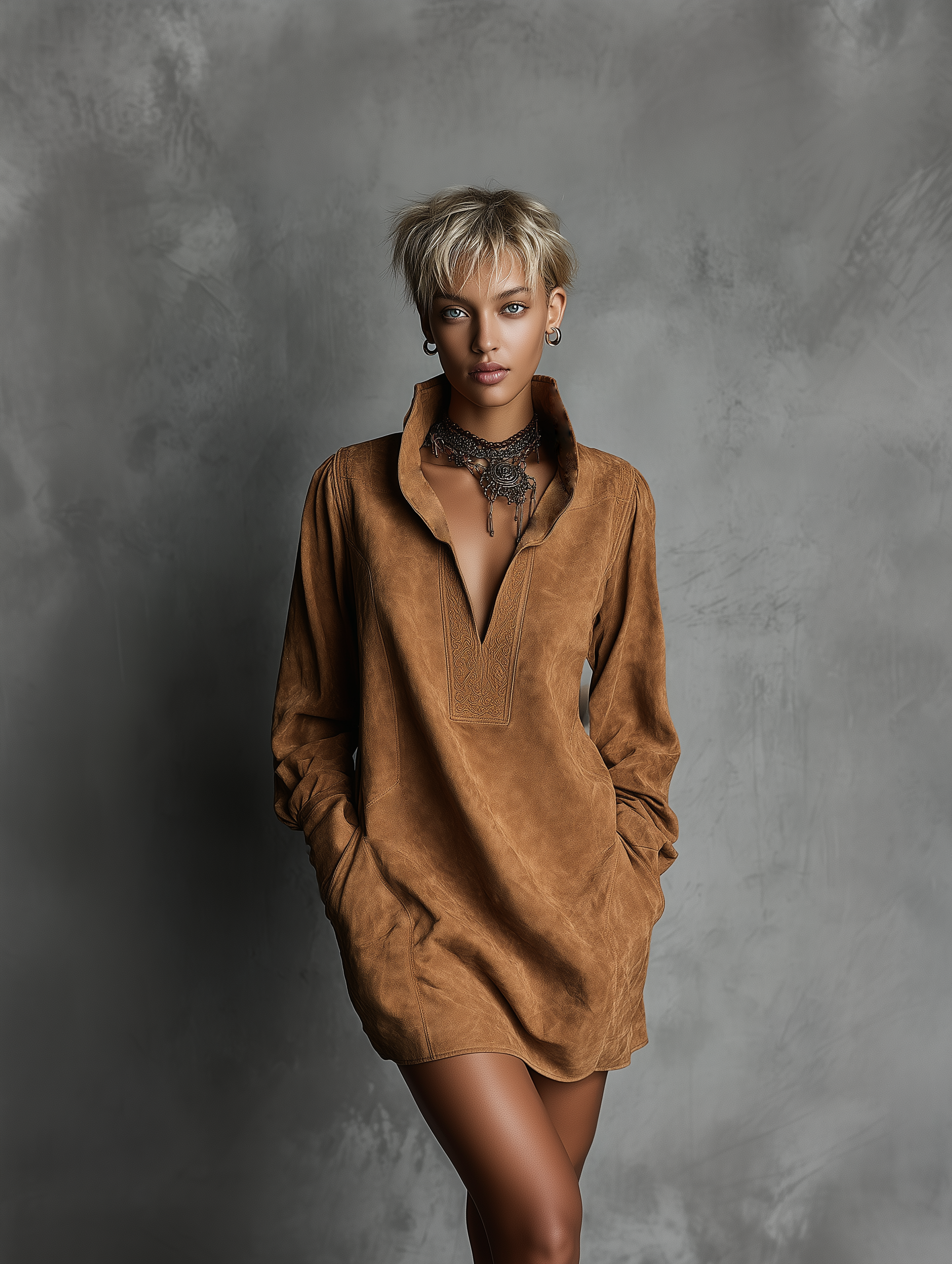Suede Embossed V-Neck Long-Sleeve Dress