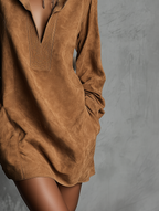 Suede Embossed V-Neck Long-Sleeve Dress
