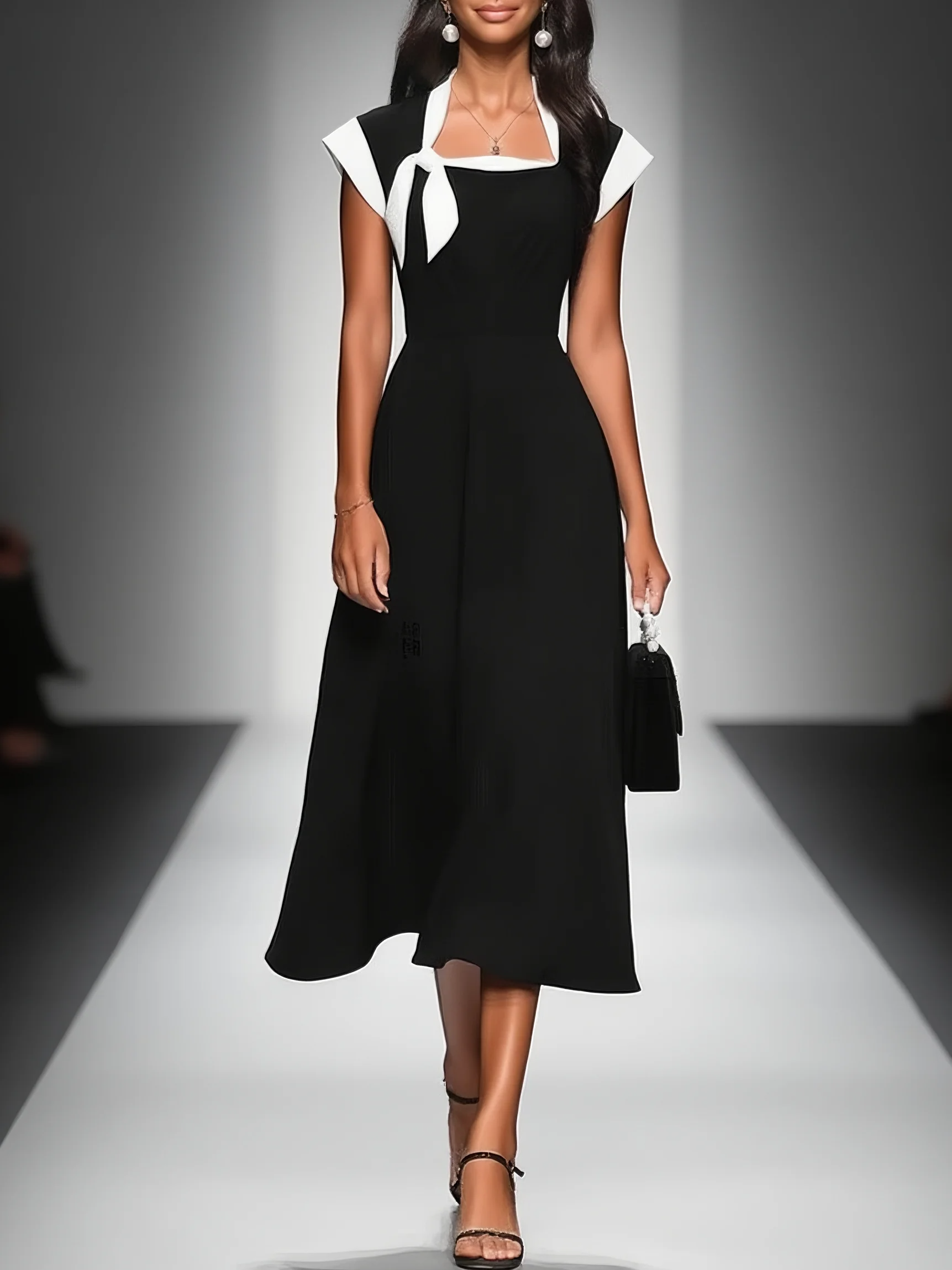 Colorblock Square-Neck Cap Sleeve Midi Dress
