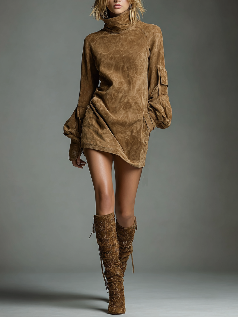 Vintage Suede Turtleneck Mini Dress