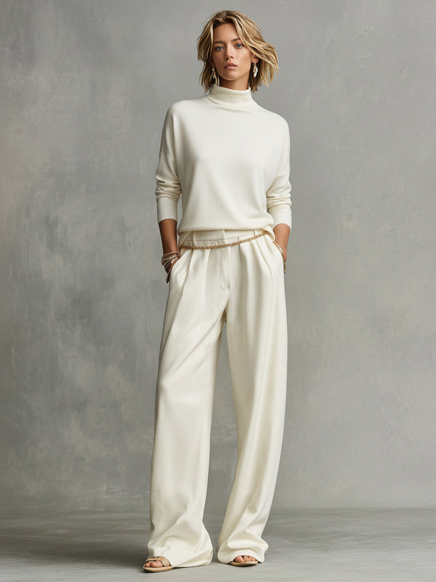 Cream Tailored Draped Wide-Leg Pants