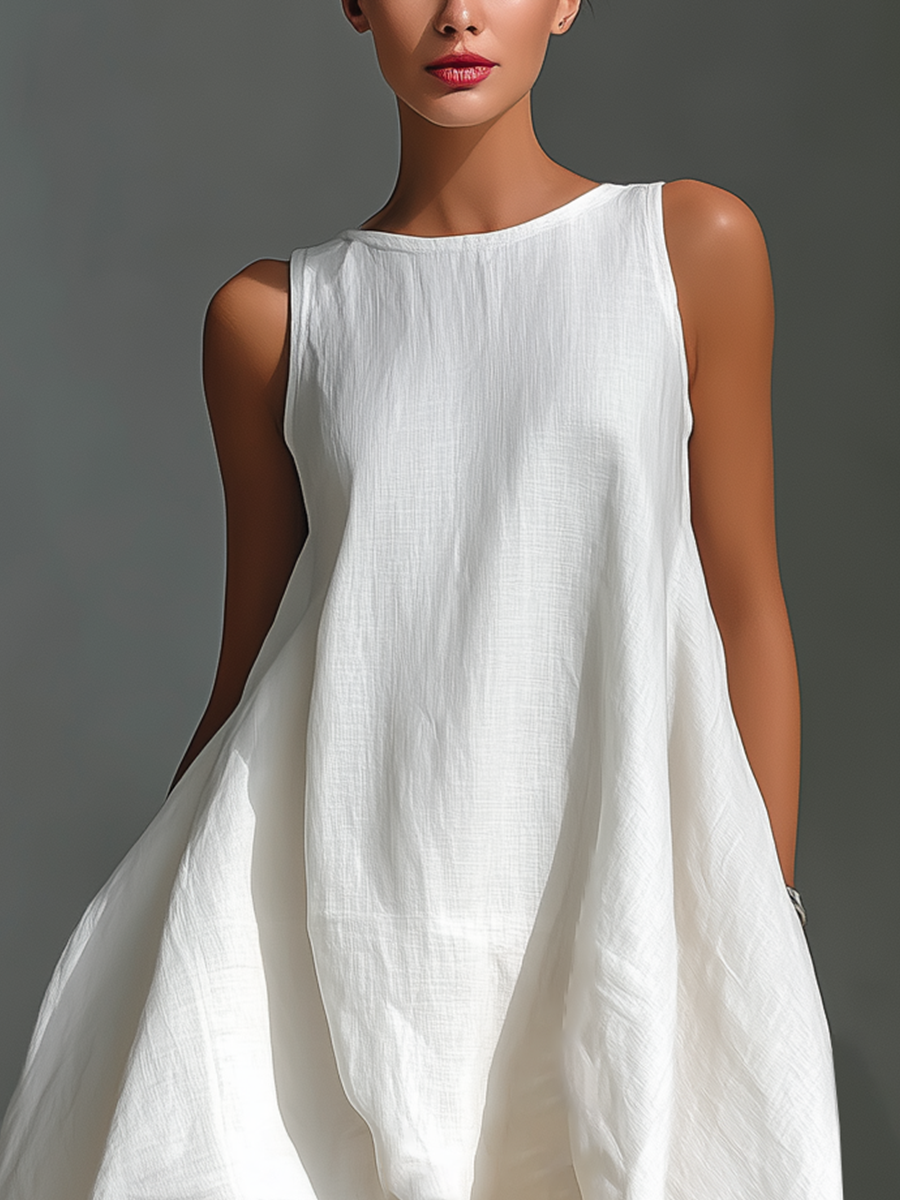 White Linen Asymmetric Hem Midi Dress