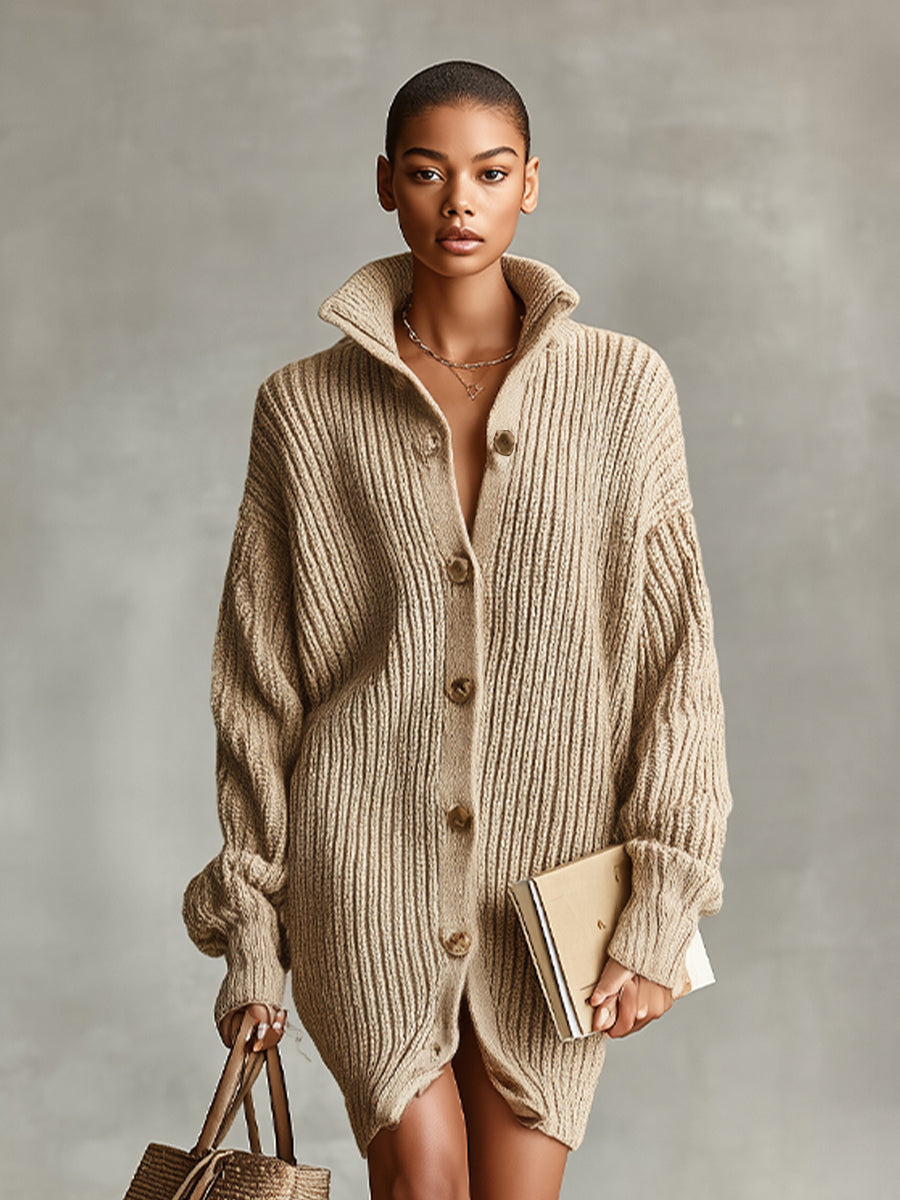 Camel Button-Front Oversized Cardigan Mini Dress