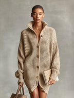 Camel Button-Front Oversized Cardigan Mini Dress
