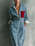 Striped Shirt Dress With Red Chest Pocket