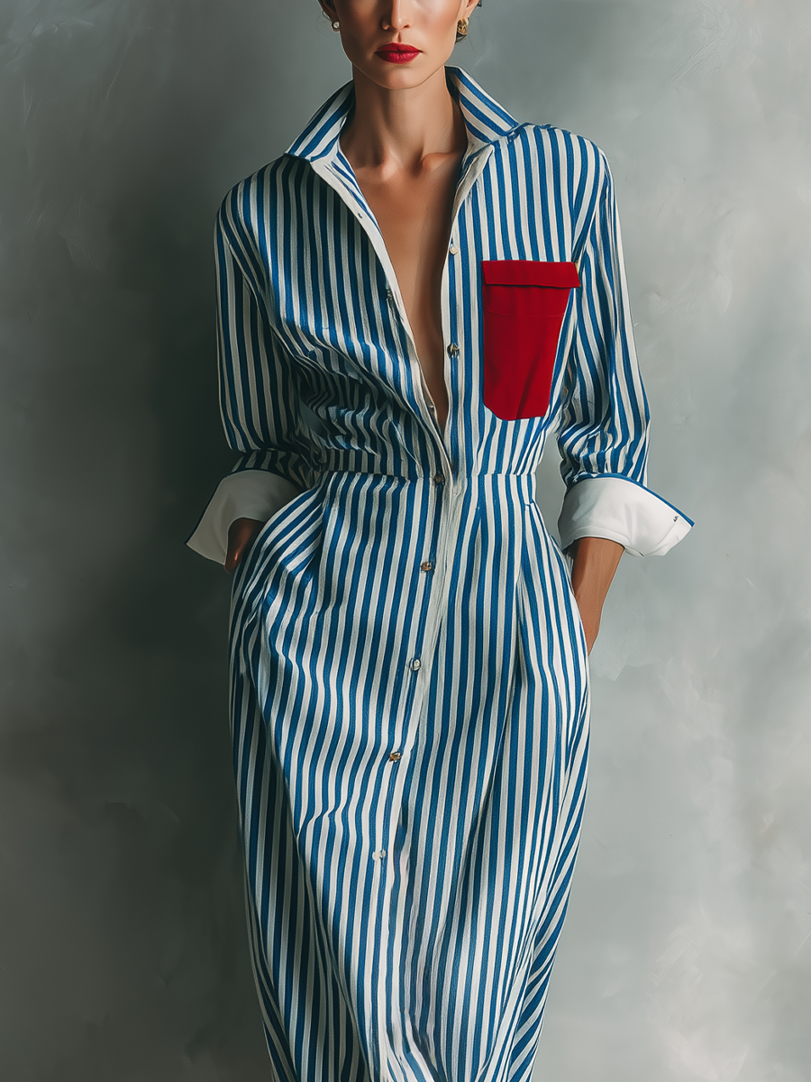 Striped Shirt Dress With Red Chest Pocket