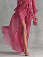 Rose Pink Pearl Chiffon Tie-Waist Maxi Dress