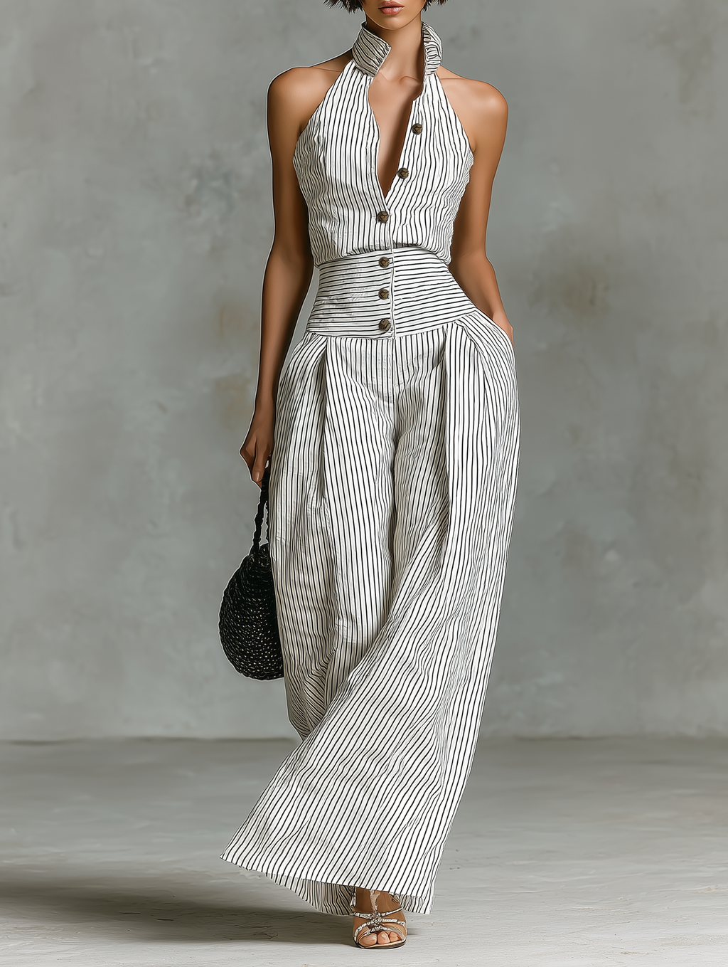 Striped Linen Single-Breasted Sleeveless Jumpsuit
