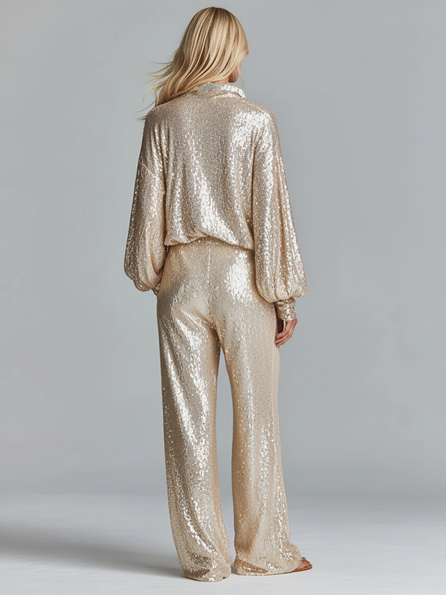 Gold Sequin Half-Zip Wide-Leg Party Set