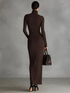 Brown Turtleneck Bodycon Slit Dress