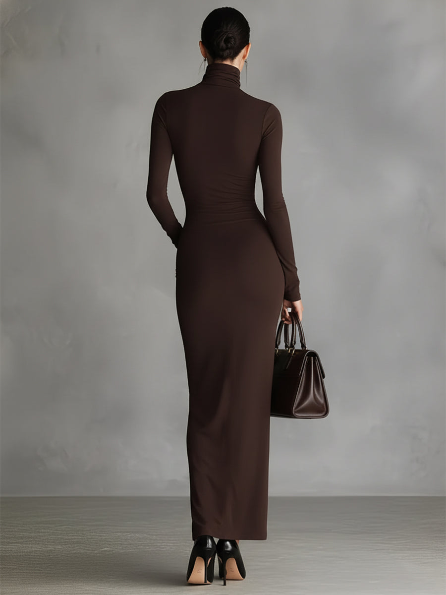 Brown Turtleneck Bodycon Slit Dress