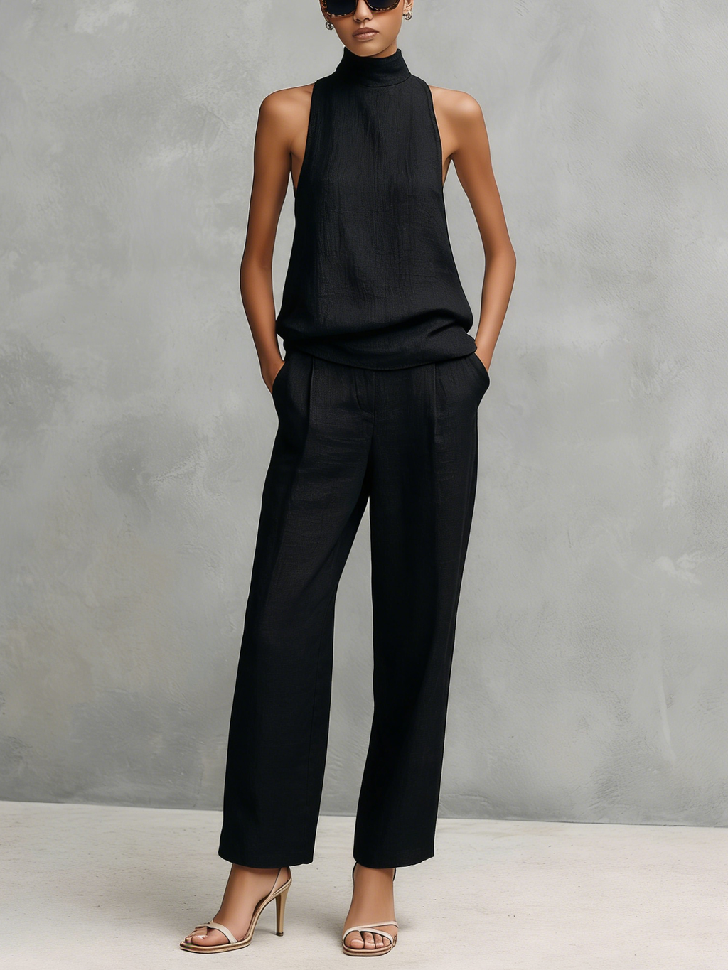 Cotton Linen Round-Neck Sleeveless Top & Trousers Set