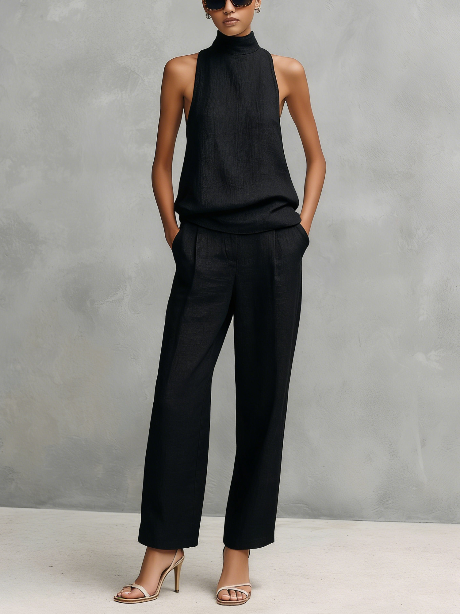 Cotton Linen Round-Neck Sleeveless Top & Trousers Set
