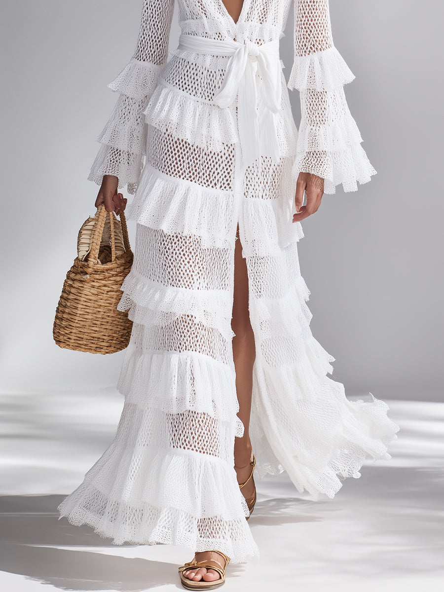 White Crochet Ruffle V-Neck Cardigan