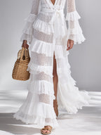 White Crochet Ruffle V-Neck Cardigan