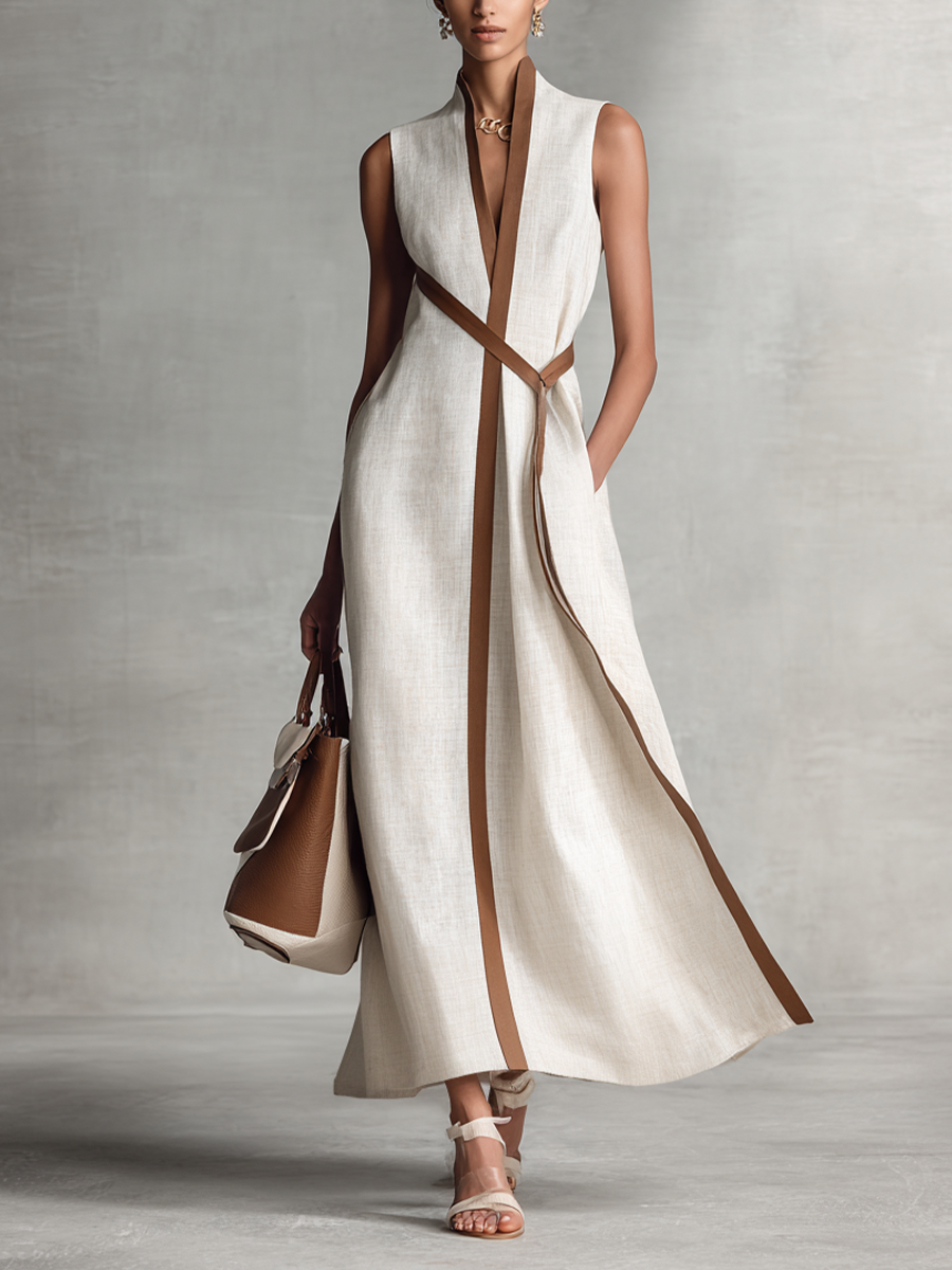 Women's Sleeveless V-Neck Tie-Waist Cotton Linen Maxi Dress MDZ1153B7BA