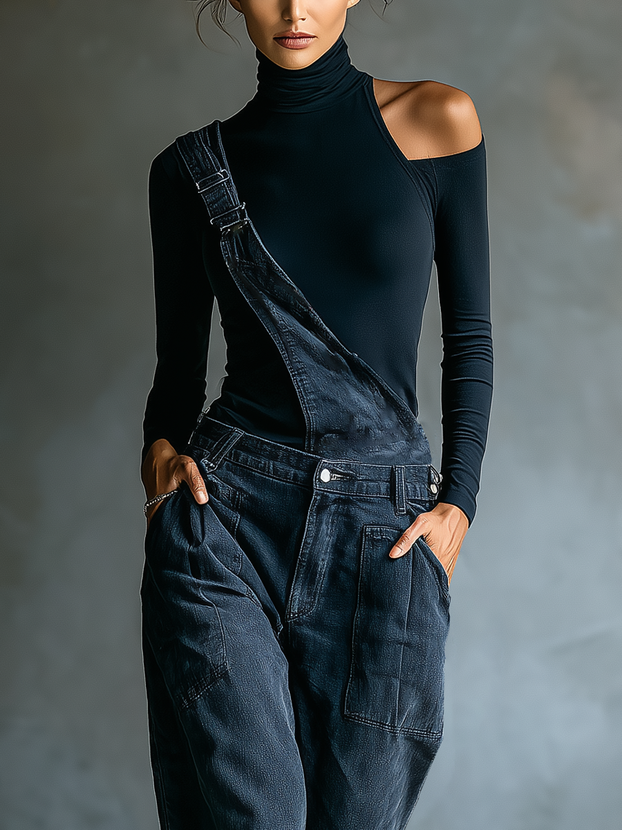 Blue-Black Ribbed Knit Cold-Shoulder Turtleneck Top