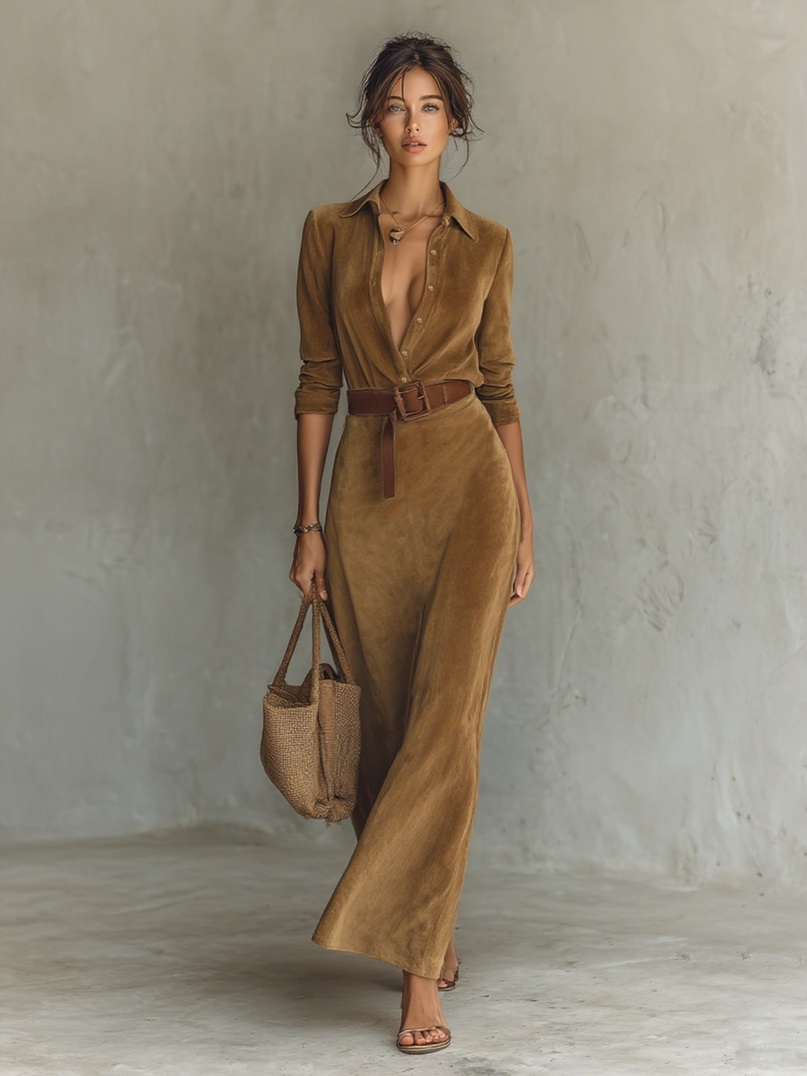 Suede Belted Lapel Maxi Dress