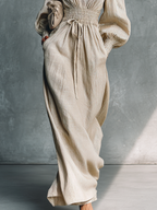 Women's Beige Cotton Linen Striped V-Neck Shirred Waist Maxi Dress MDZ0361C4BA