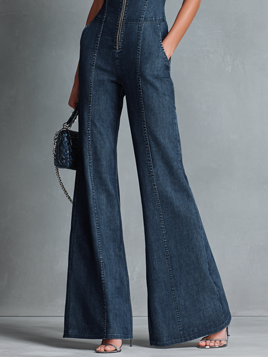 Denim High-Neck Flared Jumpsuit