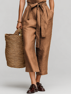 Tobacco Brown Linen Self-Tie Collared Jumpsuit