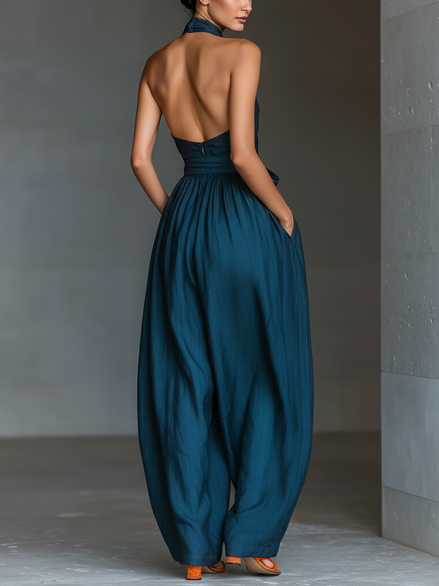 Linen Cross-Halter Tie-Waist Wide-Leg Jumpsuit