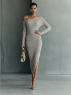 Grey One-Shoulder Knit Dress