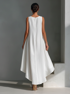 White Linen Asymmetric Hem Midi Dress