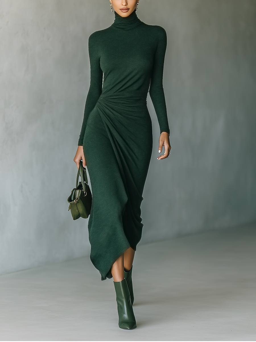Dark Green High-Neck Knit Wrap Midi Dress