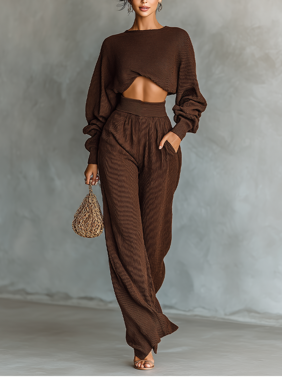 Coffee Knit Short Top & Wide-Leg Set