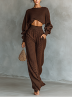 Coffee Knit Short Top & Wide-Leg Set