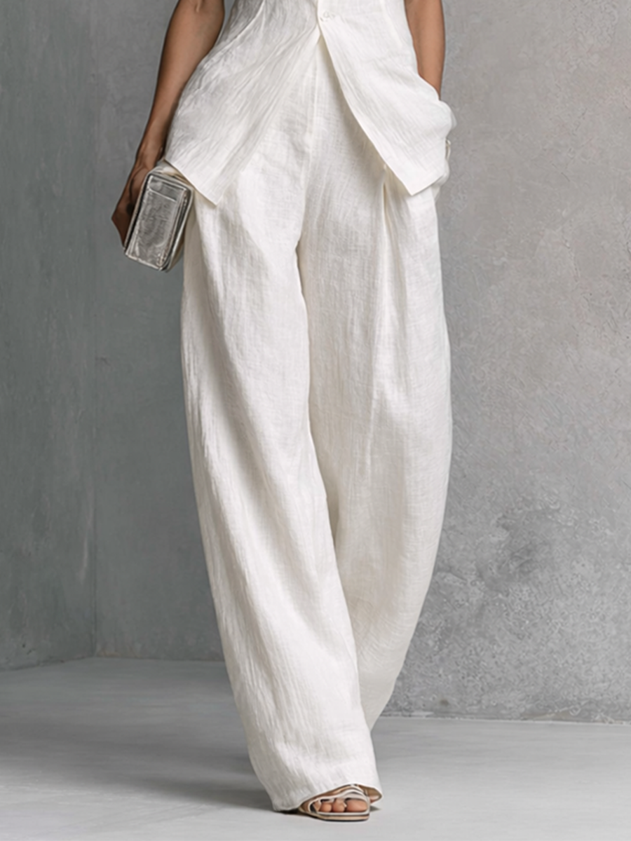 White Cotton Linen Sleeveless Top & Wide-Leg Set