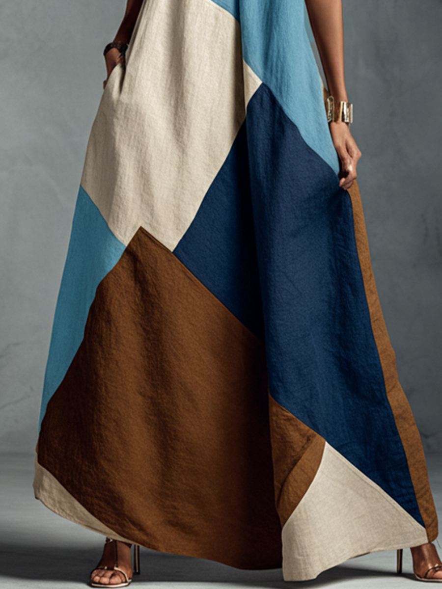 Women's Bohemian Multi-color Cotton Linen Blend Patchwork Halter Maxi Dress MDZ1956C4BA