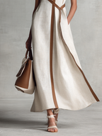 Women's Sleeveless V-Neck Tie-Waist Cotton Linen Maxi Dress MDZ1153B7BA