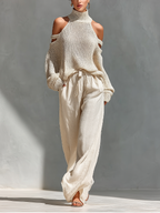 Knit Cold-Shoulder Top & Wide-Leg Pants Set