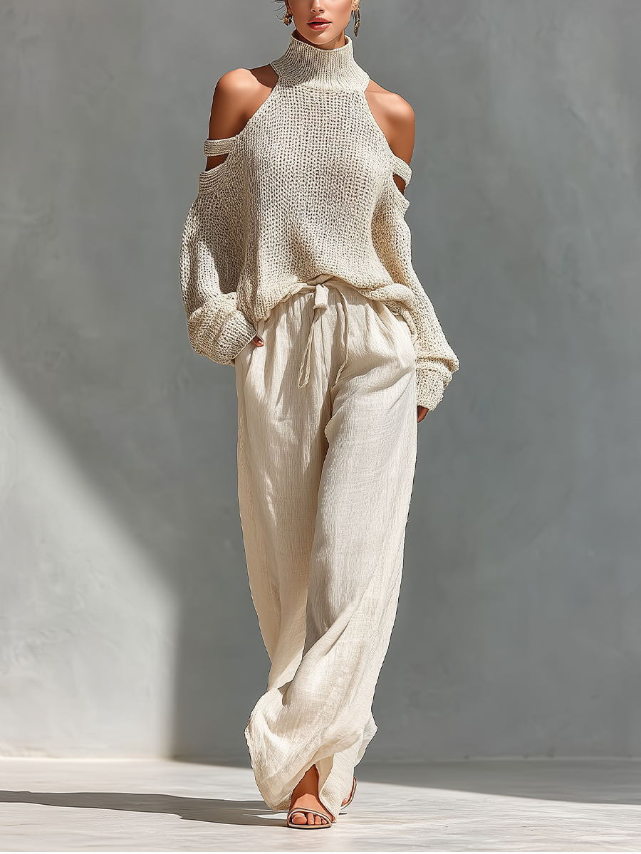 Knit Cold-Shoulder Top & Wide-Leg Pants Set