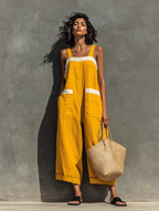 Linen Square Neck Strapless Loose Jumpsuit