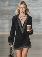 Suede Embroidered Shirt Collar Mini Dress