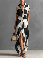 Geometric Print Lapel Shirt Maxi Dress